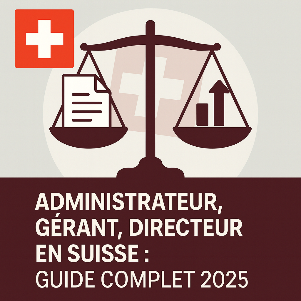 Balance stylisée symbolisant l’équilibre entre conformité légale et vision stratégique des administrateurs en Suisse, avec drapeau suisse discret en arrière-plan.