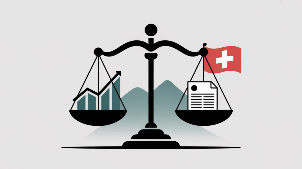 Balance stylisée symbolisant l’équilibre entre conformité légale et vision stratégique des administrateurs en Suisse, avec drapeau suisse discret en arrière-plan.