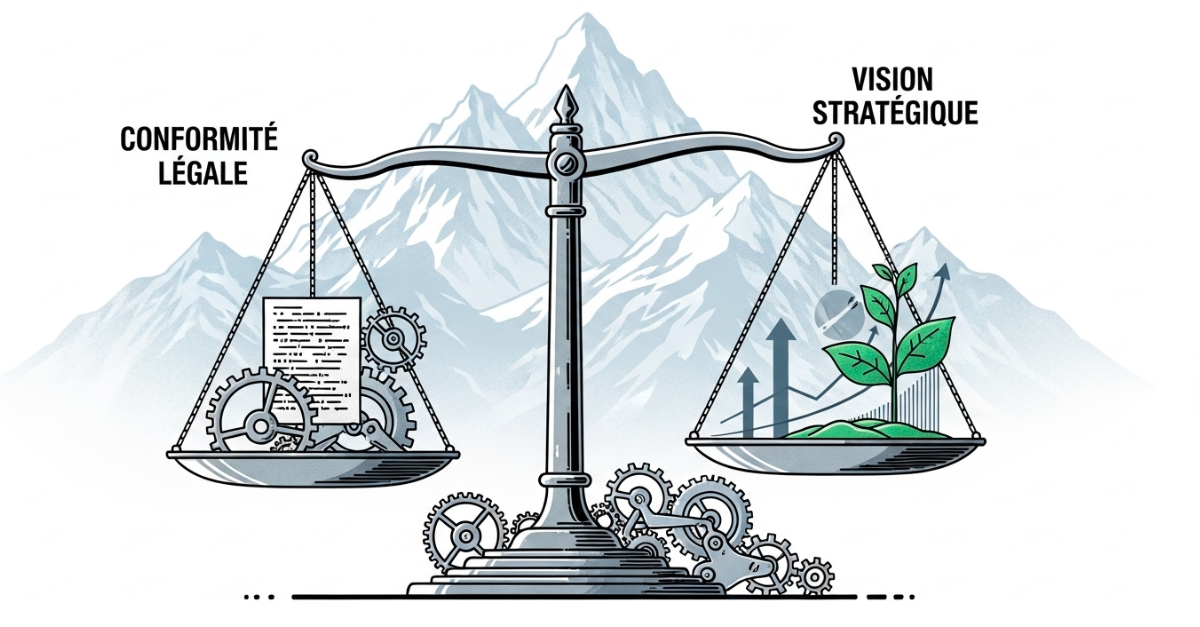Balance illustrant le rôle de l’administrateur en Suisse entre conformité légale et vision stratégique. Balance illustrant l’équilibre entre conformité légale et vision stratégique dans les entreprises suisses.