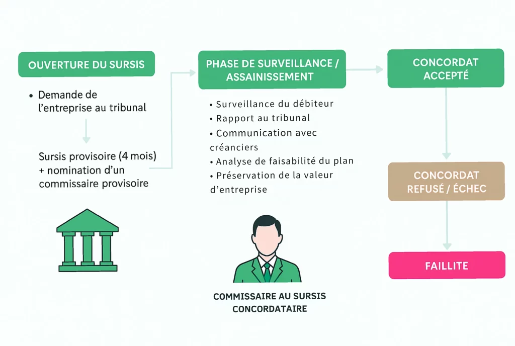Schéma du processus de sursis concordataire en Suisse : ouverture du sursis, phase de surveillance par le commissaire, puis issue : concordat accepté ou faillite en cas d’échec.