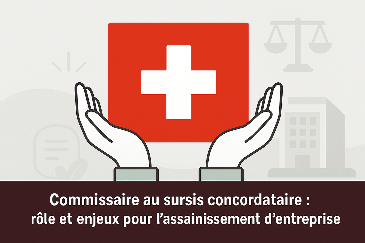 Rôle du commissaire au sursis concordataire en Suisse, symbolisé par des mains protégeant une entreprise (drapeau suisse) avec la justice en arrière-plan.