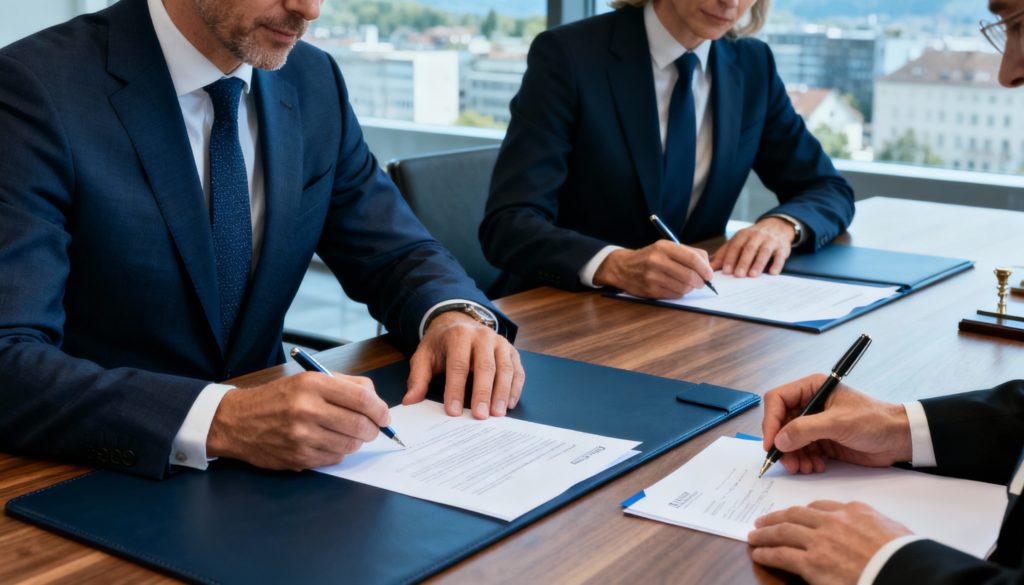 Trois professionnels signent les documents de création d’une société anonyme (SA) en Suisse.